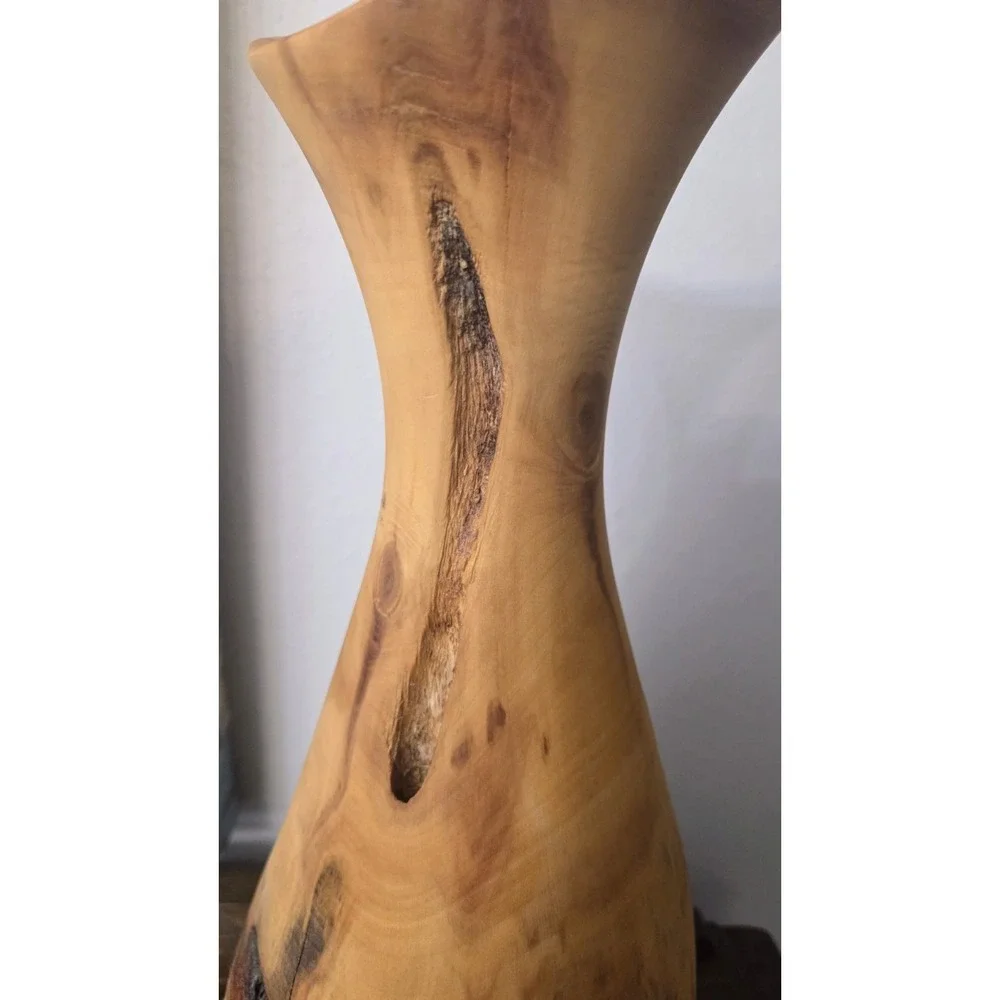 Turned Wooden Vase Rustic Knotty Asymmetrical Flared Rim Solid Piece of Wood 15